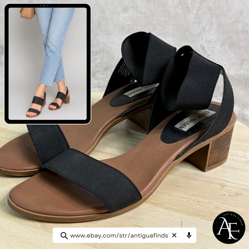 Steve Madden Loe Black Elastic Ankle Strap Block Heel Sandals Womens 9M LOE01S1